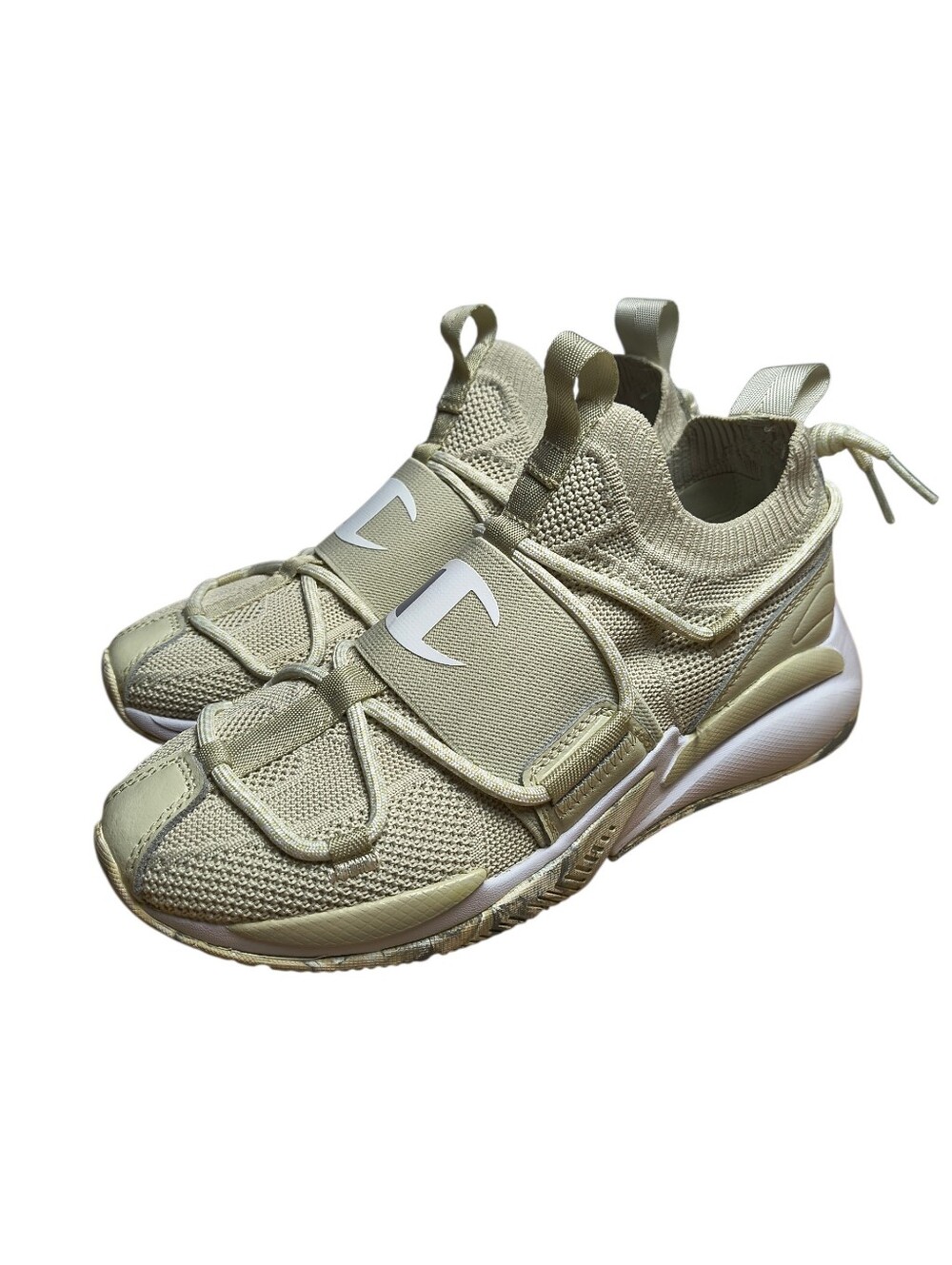 Champion XG Reveal Sneakers Women's 7 Beige Slip On Knit Shoes Crossover Lace Up